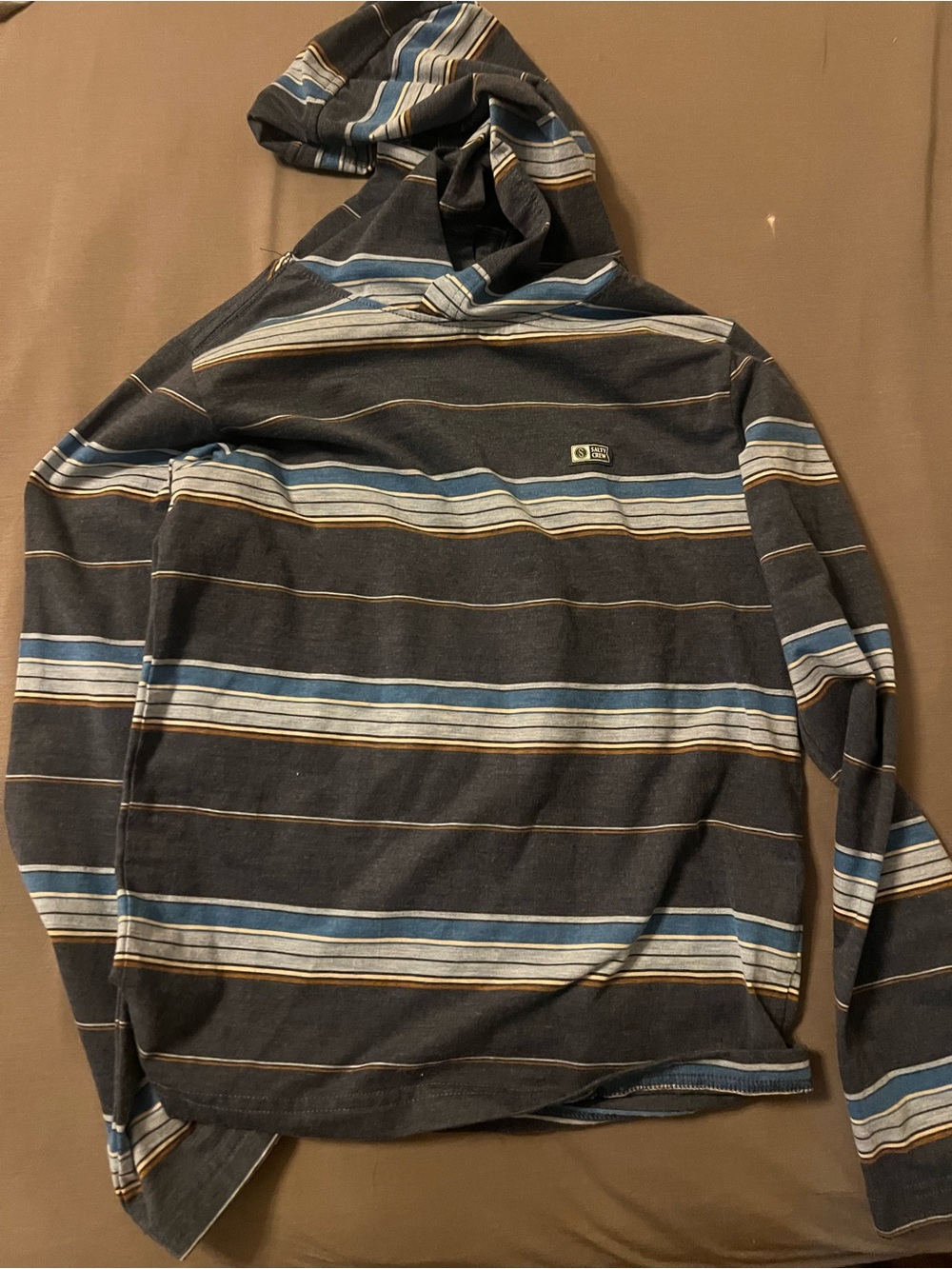 Salty Crew Kids Long Sleeve Hooded Stripe Tee in Navy, Blue, and Cream